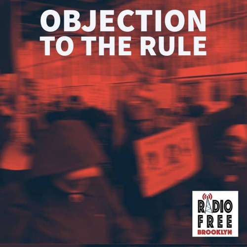 Objection to the Rule podcast art. Blurred image of protest in red/black duotone.